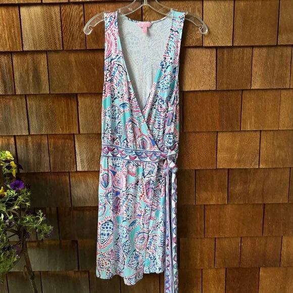 EUC Lilly Pulitzer BELLINA WRAP DRESS Shell Me About It Blue Pink  Women's Large - Picture 2 of 12